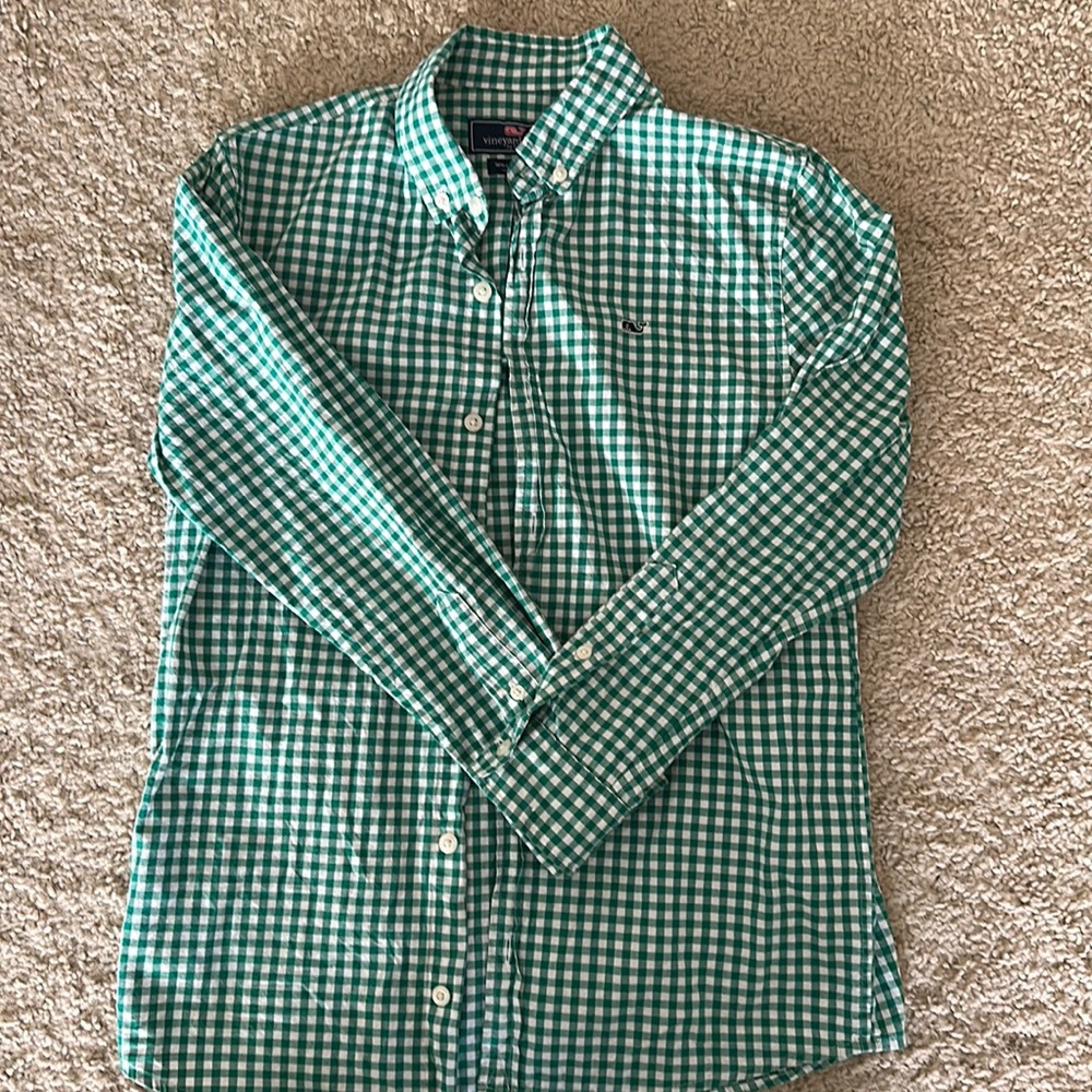Vineyard Vines boys green gingham Oxford